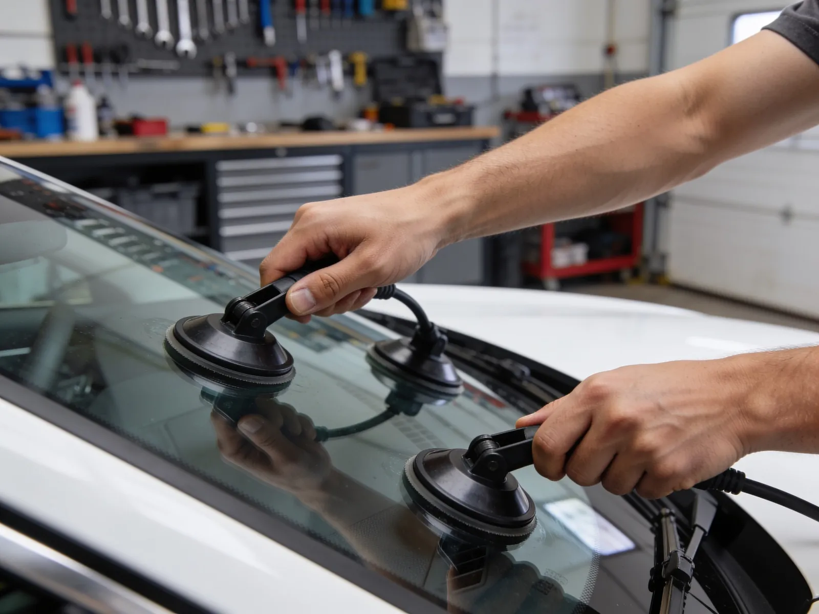 Autoglas-Service – Windschutzscheibe wird mit Saughebern eingesetzt