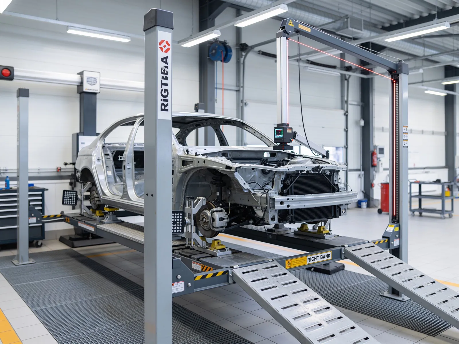 Fahrzeugkarosserie auf der Richtbank mit Laservermessung
